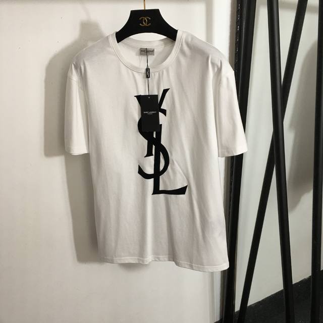 款号 7844 Ysl*新款 植绒Logo字母百搭短袖T恤，黑色，白色，Sml， M码；肩宽48，胸围96，袖长20，衣长63 .