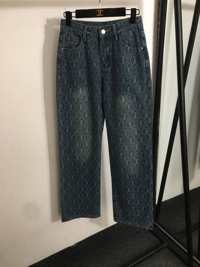 款号 8605 Ysl*新款 菱格子Logo提花直筒牛仔长裤，蓝色，S-Xl， M码；腰围68，长104 .