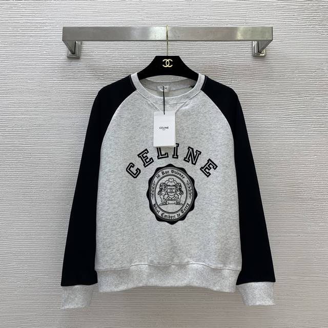 款号G25071034 男女同款Celin*早秋新款 高端定制毛圈面料字母Logo植绒图案撞色拼接宽松时尚套头P卫衣！黑色，军绿色， M码：胸围108，连肩袖长