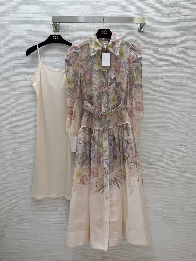 款号G25032734 Zimmerma*N兹默曼澳洲品牌高端定制 粉色花卉印花前排系扣开襟翻领泡泡袖P连衣裙配有腰带！1.2.3.4 Smlxl 2码：内搭胸