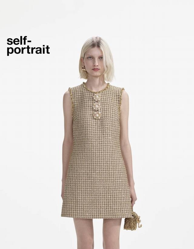 款号G25041455 Self-Portrai*新款Sp家新款 高端定制闪丝金线亮片编织粗花呢面料、气质名媛风重工亮片串珠边装饰修身显瘦无袖P连衣裙！ M码：