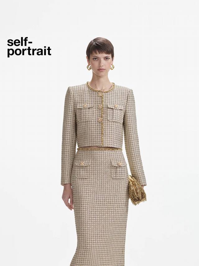 款号G25041483 Self-Portrai*新款Sp家新款 高端定制闪丝金线亮片编织粗花呢气质名媛小香风套装！重工亮片串珠边装饰短款时尚圆领短袖Ppp高腰