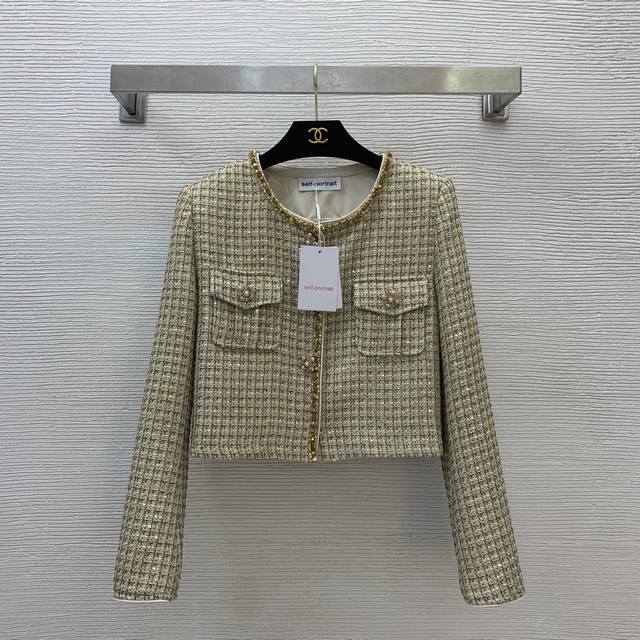 款号G25041483 Self-Portrai*新款Sp家新款 高端定制闪丝金线亮片编织粗花呢气质名媛小香风套装！重工亮片串珠边装饰短款时尚圆领短袖Ppp高腰