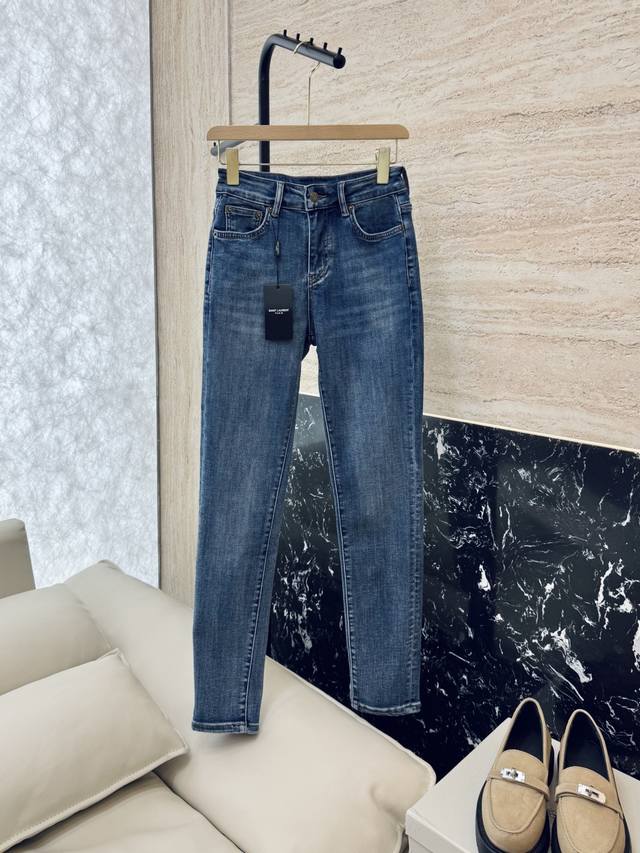 Cx023#新款牛仔裤 Ysl 字母印花 弹力牛仔棉显瘦牛仔裤黑色 蓝色 26-30码