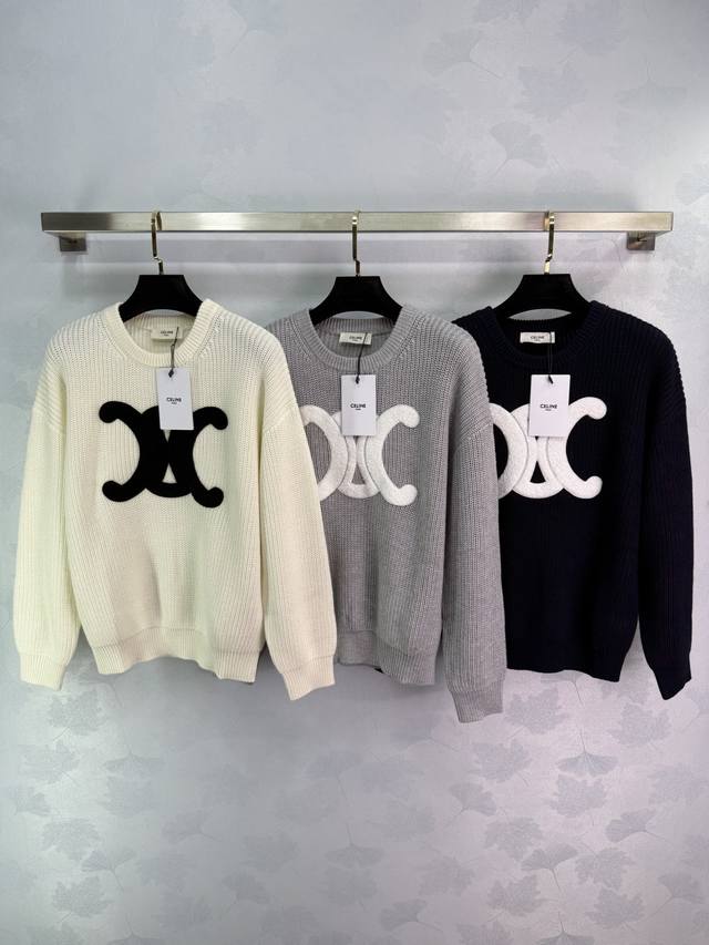 Celin*25早秋新款针织长款圆领套头 Logo图案提花装饰 常规版型 时髦高级日常休闲百搭 3色3码Sml。