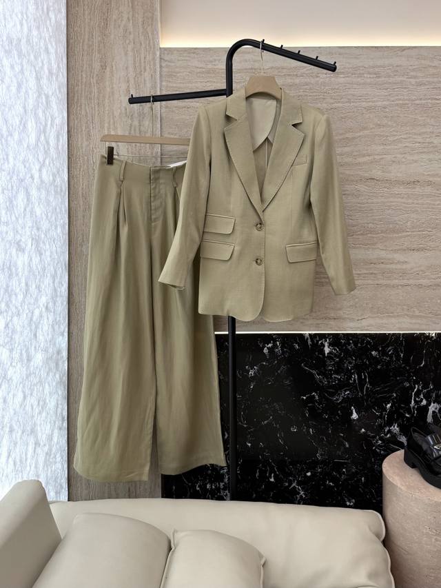 Xz0116#新款套装 劳夫劳伦 超级大爆款 30% 亚麻 70% 天丝西装外套长裤 套装 杏色 Smlxl