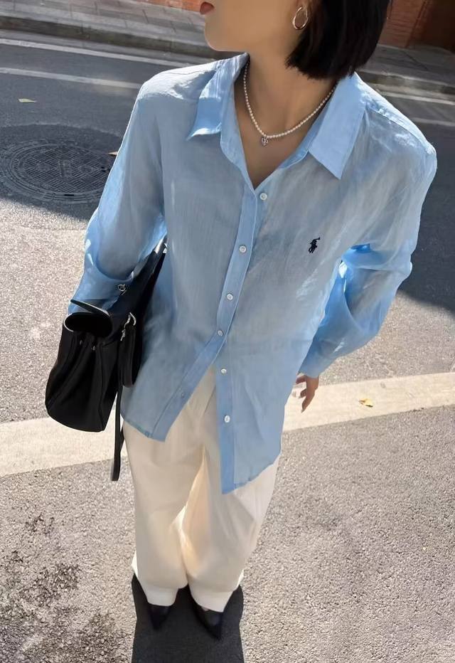 Rl家！专柜款！定制苎蔴面料胸口刺绣徽章图案翻领长袖衬衫！两色！码数S M L，现货发！ L码胸围106衣长69
