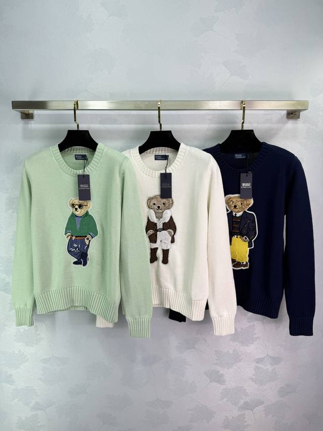 独家首发 Rl 25Ss 早秋最新款小熊手勾图案套头毛衣经典落肩宽松版型设计 品质控必入 进口纯棉纱线质感无敌赞 嵌花小熊立体刺绣工艺 减龄少女气质时髦精必入