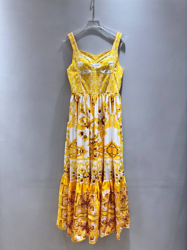 Dolce&Gabbana 新品黄色陶瓷印花青花瓷褶裥棉质吊带黄花瓷锡釉彩陶大裙摆连衣裙长裙。Smlxl