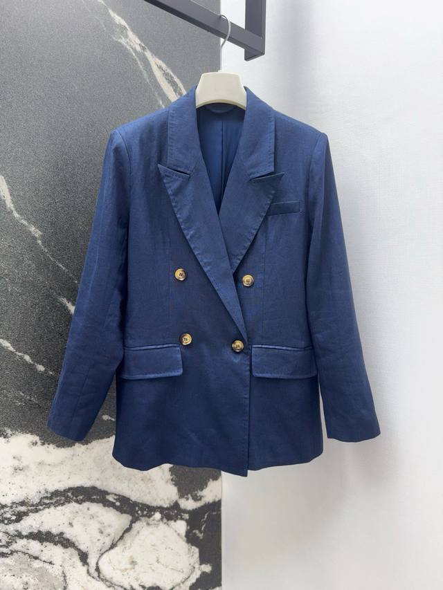 Max 25Ss 春夏新品复古老钱风亚麻西装外套 明线工艺枪驳领剪裁 经典双排扣设计极简主义奢华不简 高智感时髦穿搭 上身干练优雅气场女神Style 高级大气版