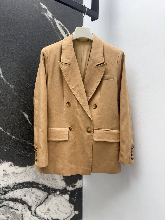 Max 25Ss 春夏新品复古老钱风亚麻西装外套 明线工艺枪驳领剪裁 经典双排扣设计极简主义奢华不简 高智感时髦穿搭 上身干练优雅气场女神Style 高级大气版