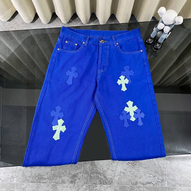 Ch克罗心Chromehearts 2025新款伦敦限定双蓝十字拼皮牛仔裤 牛仔裤 顶级天花板品质 不同水洗质感的款式，对腿细腿粗人士十分友好，直筒宽松的版型十