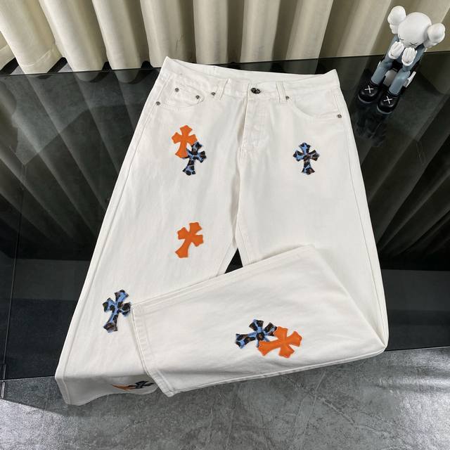Ch克罗心Chromehearts 2025新款St.Barth限定Ch红蓝豹纹十字拼皮牛仔裤 顶级天花板品质 不同水洗质感的款式，对腿细腿粗人士十分友好，直筒