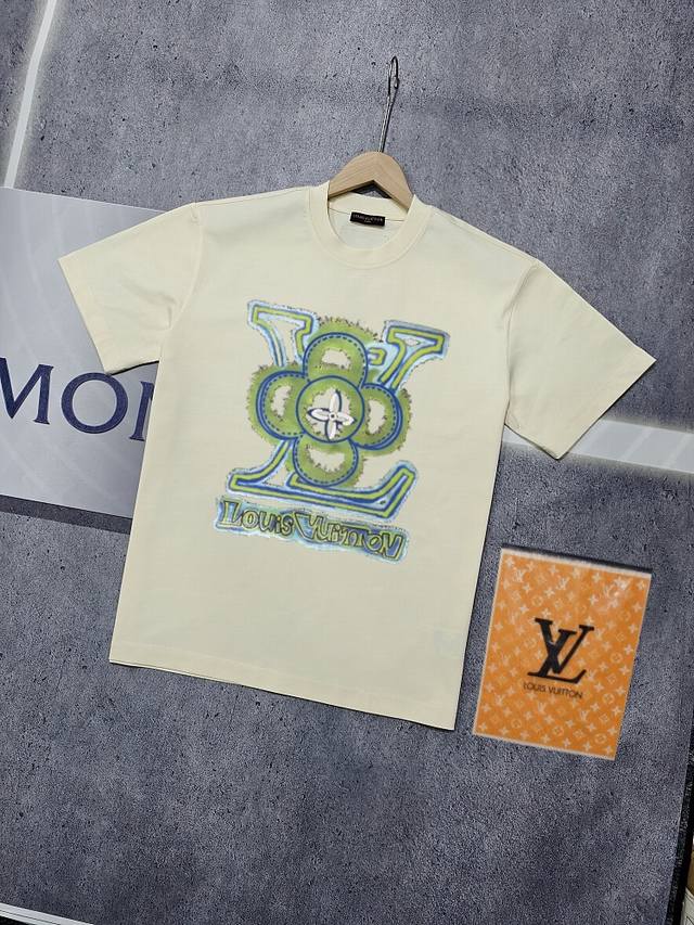 实拍 Nfc芯片感应 Louis Vuitton 路易威登 短袖T恤 Lv驴牌 太阳花Logo字母印花短袖T恤 男女同款 面料：原版同步330克重双纱100%纯