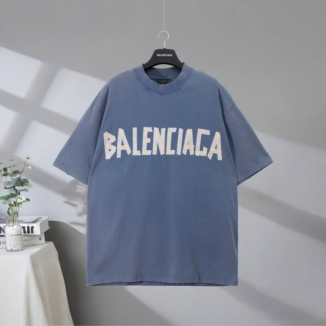 B76# 市场顶级品质 Balenciaga 巴黎世家2025Ss 美纹纸字母胶带磨破做旧短袖T恤 印花采用进口椭圆机印花工艺 市场顶级的质量 官网品质 罗纹定