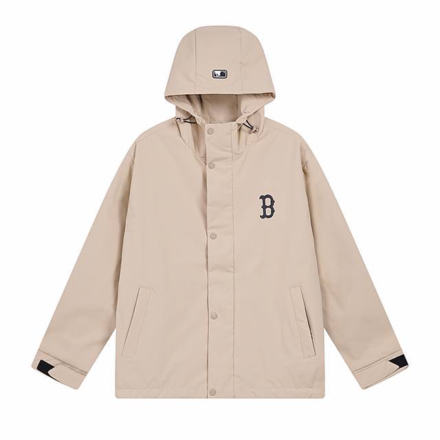 9906# Mlb官方 男女同款大标冲锋衣连帽外套情侣Wjb03 面料：75D高弹冲锋衣 颜色：黑色 灰色 米黄色 尺码：S 建议120斤以内 M 建议140斤