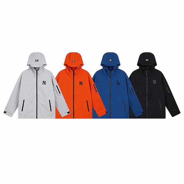 9905# Mlb官方 男女同款大标冲锋衣连帽外套情侣Wjb03 面料：75D高弹冲锋衣 颜色：黑色 灰色 桔色 蓝色 尺码：S 建议120斤以内 M 建议14