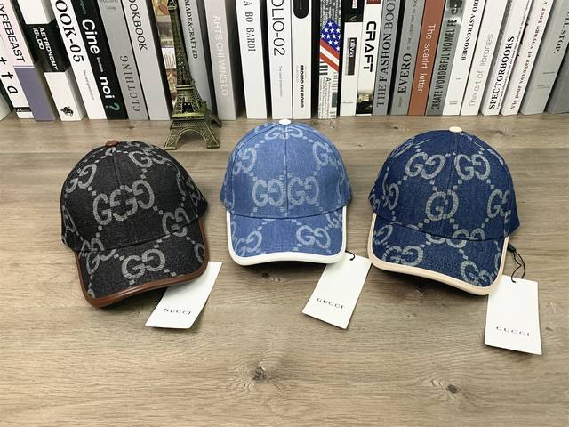 9724# #Gucci牛仔棒球帽硬顶古驰鸭舌帽休闲户外百搭帽子男女百搭显脸小帽# 可调节 颜色：黑色 深蓝色 浅蓝色