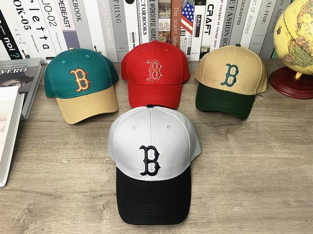 9350# #Mlb 红袜队B字母刺绣拼色棒球帽硬顶鸭舌帽男女同款户外帽子显脸小# 可调节 颜色：铁灰色 卡其色 红色 绿色