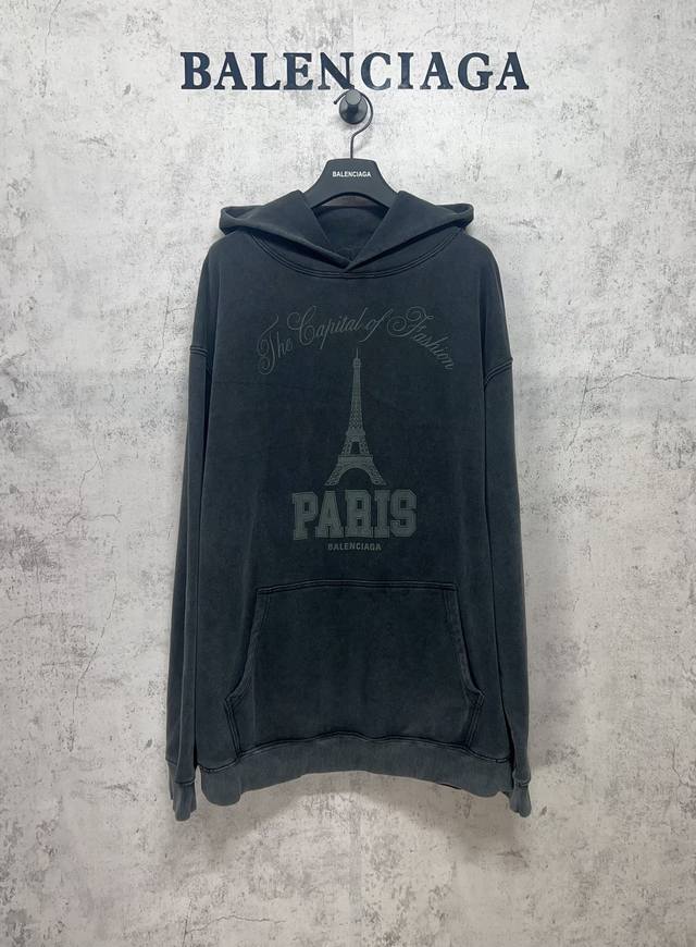 Balenciaga巴黎世家顶级版本1:1官网品质 铁塔印花长袖做旧水洗连帽卫衣帽衫 面料采用巴黎Zp定织定染全棉毛圈大 克重500克 布纹清晰 柔软舒适 螺纹