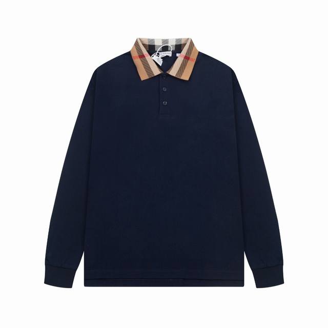 Bur新款翻领长袖Polo衫 经典格子领标识，定制字母标识纽扣，细节到位，采用 100% 棉质珠地布制成，手感舒适，配备用扣，三标齐全 颜色：黑色 白色 深蓝