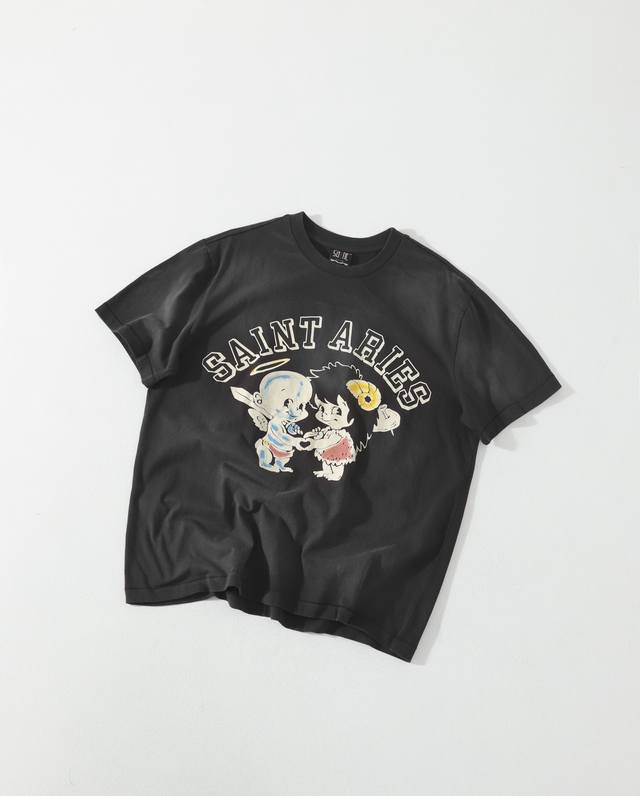 Saint Michael天使宝贝限定Vintage复古水洗做旧重磅高街短袖 情侣款重磅好货来袭，原版原包装，正确复古天地针，超高难度彩色拉裂胶浆植绒工艺，完美