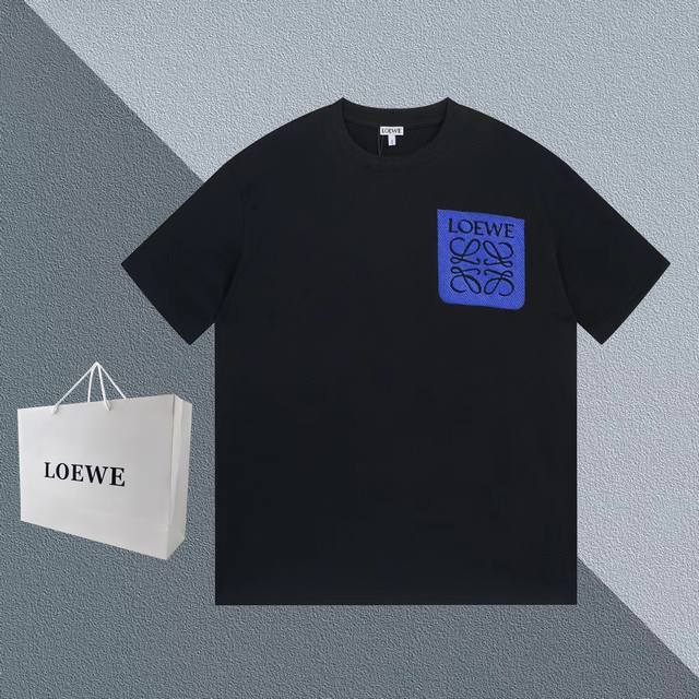 Loewe罗意威 高密度立体口袋Logo刺绣 短袖T恤 男女同款-采用原版280G双纱对版定织定染面料 螺纹同缸定染零色差 独家品质区别通货 欢迎对比-颜色：黑