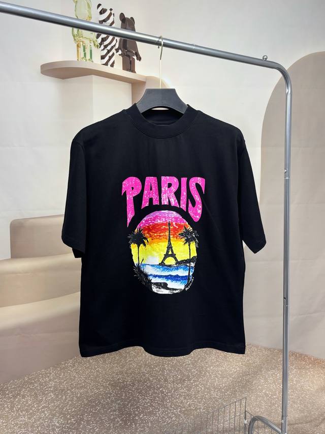 供 Balenciaga 巴黎世家 24S夏日椰树落日印花短袖 爆款推荐高版本高品质原版面料 网红明星同款 300G高克重 32支双纱水洗面料 进口原浆印花工艺