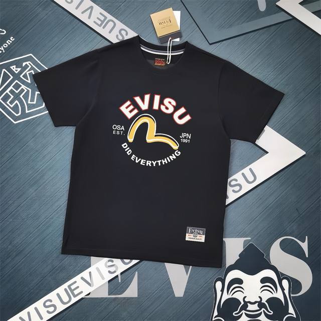 Evisu福神2025春夏款海鸥字母印花休闲宽松纯棉圆领情侣T恤半袖颜色：黑色 白色码数S-Xxls码 肩宽46.6 胸围106 衣长68 适合身材100-12