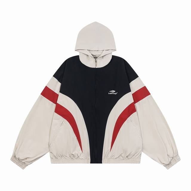 K368# Balenciaga 巴黎世家24Fw 走秀款3B刺绣白红连帽套装巴黎拼接运动校服风衣夹克外套裤子套装刺绣Logo采用进口田岛绣花机 精细绣花无毛边