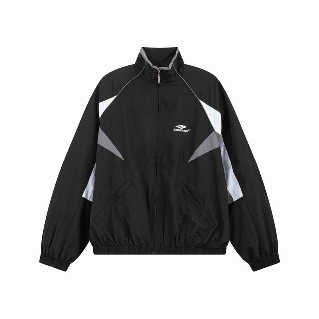 K354# Balenciaga 巴黎世家 Blcg 24Ss 走秀款3B系列刺绣黑灰拼接立领夹克拼接运动套装 正确版本定制再生尼龙面料 轻微压皱工艺面料经过防