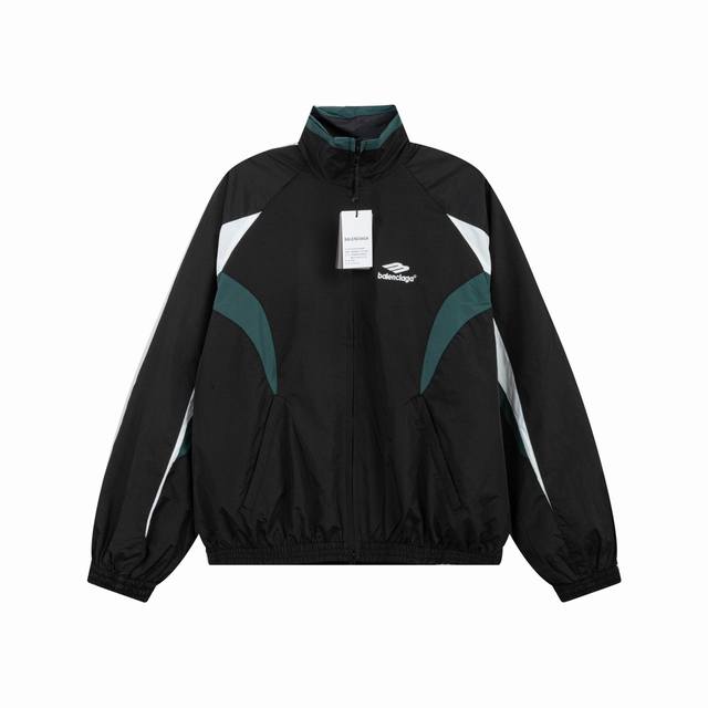 K348# Balenciaga 巴黎世家 Blcg 24Ss 走秀款3B系列刺绣黑绿拼接立领夹克拼接运动套装 正确版本定制再生尼龙面料 轻微压皱工艺面料经过防