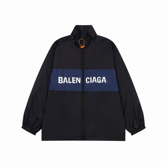 K234# 最高版本 Balenciga 巴黎世家 Ss Blcg新款拼接黑蓝标语冲锋衣夹克轻奢主义撞色防晒男女同款通勤风衣外套必备单品定制消光塔丝隆冲锋衣面料