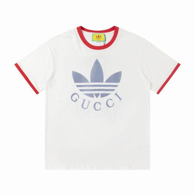 678#Gucci+联名三叶草 男女同款 32S双纱爽全棉250克重三叶草联名撞色系列高品质限新品专柜版限量款进口机器数码直喷圆领工艺-颜色白-码数Xs-L-