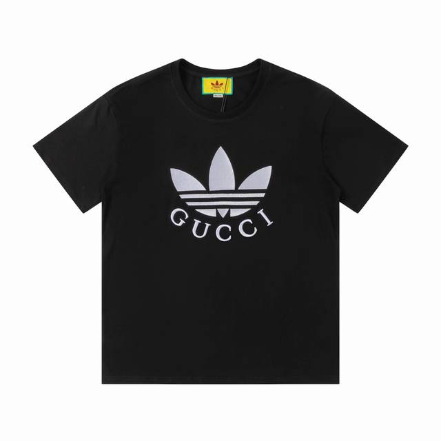679#Gucci+联名三叶草 男女同款 32S双纱爽全棉270克重三叶草联名系列高品质限新品专柜版限量款进口机万针刺绣立体效果工艺-颜色黑 白-码数Xs-L-