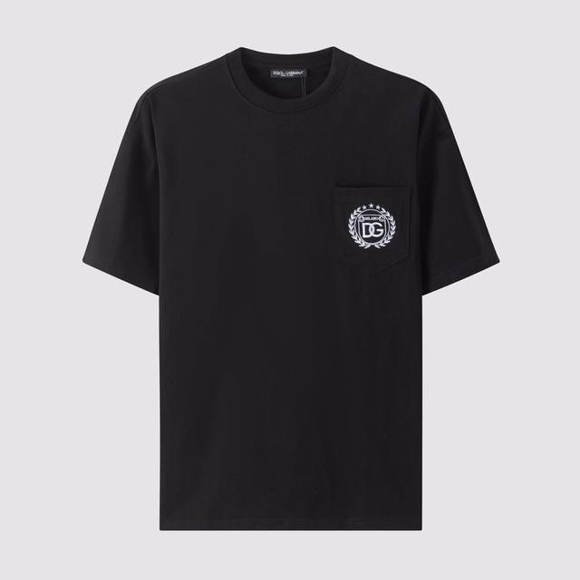 D12#Dg家-杜嘉班纳纯棉口袋刺绣标识Logo图案短袖T恤270克重-黑 白-Xs-L-