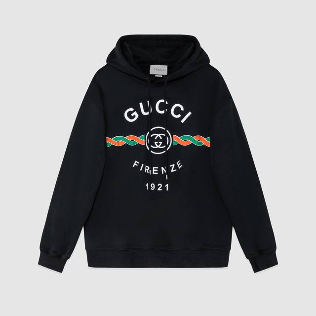 723#Gucci 男女同款-宽松欧版 460克高品质精密双股连帽大卫衣限量版新款专柜专属高级订制引入进口机器红绿扭绳数码直喷工艺-颜色黑 白-码数Xs-L-