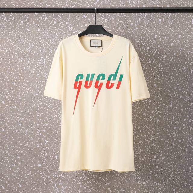 607#Gucci 男女同款 32S双纱爽全棉270克重高品质数码直喷闪电双色Logo工艺-颜色黑 杏-码数Xs-L-