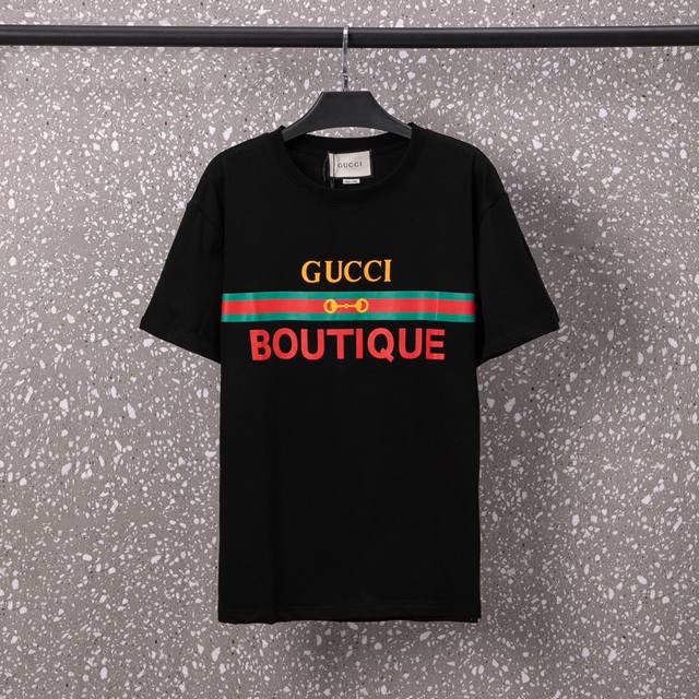 613#Gucci 男女同款 32S双纱爽全棉270克重高品质Boutique红绿横条数码直喷工艺-颜色黑 杏-码数Xs-L-