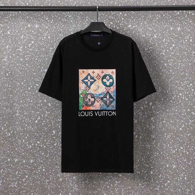 655#Lv 男女同款 32S双纱爽全棉250克重高品质限定款老花抽象画数码直喷工艺-颜色黑 白-码数Xs-L-