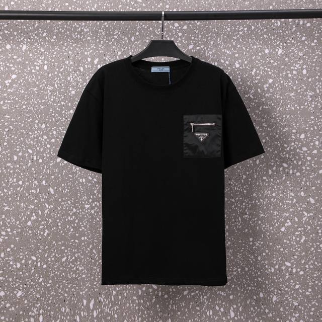 624#Prada 男女同款 32S双纱爽全棉270克重高品质口袋拉链+三角Logo系列标专属订制工艺-颜色黑 白-码数Xs-L-