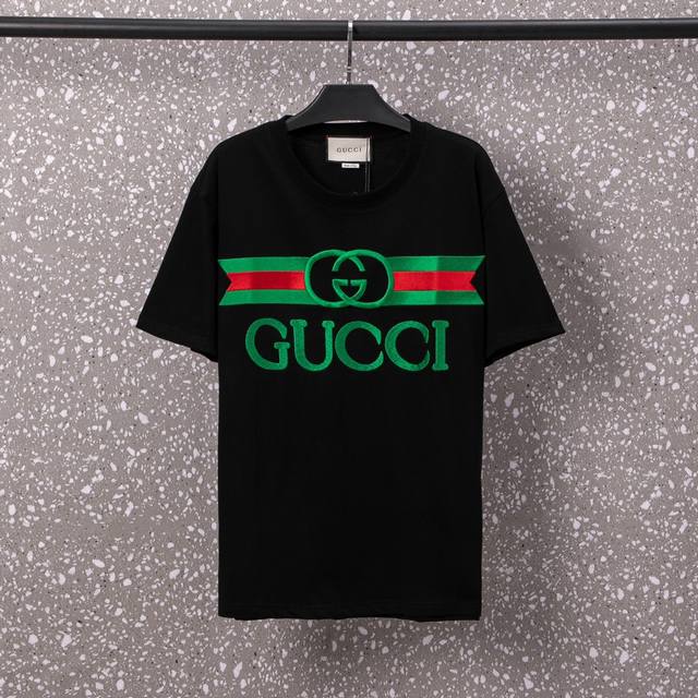 604#Gucci 男女同款 32S双纱爽全棉250克重高品质万针刺绣经典款红绿工艺-颜色黑 白-码数Xs-L-