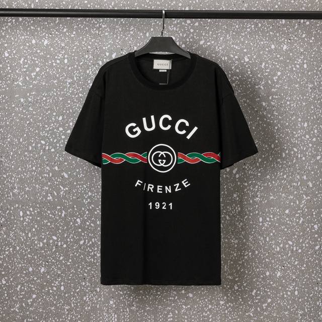 633#Gucci 男女同款 32S双纱爽全棉250克重高品质红绿麻绳系列专柜同板数码直喷工艺-颜色黑 白-码数Xs-L-