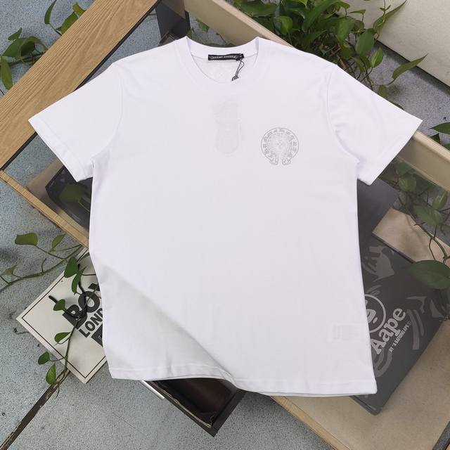 特价 白色 L1 款号：Ch8672 高版本 新款Chrome Hearts克罗心Ch反光重影十字架马蹄梵文字母图案Logo印花休闲情侣宽松短袖T恤，小红书爆款