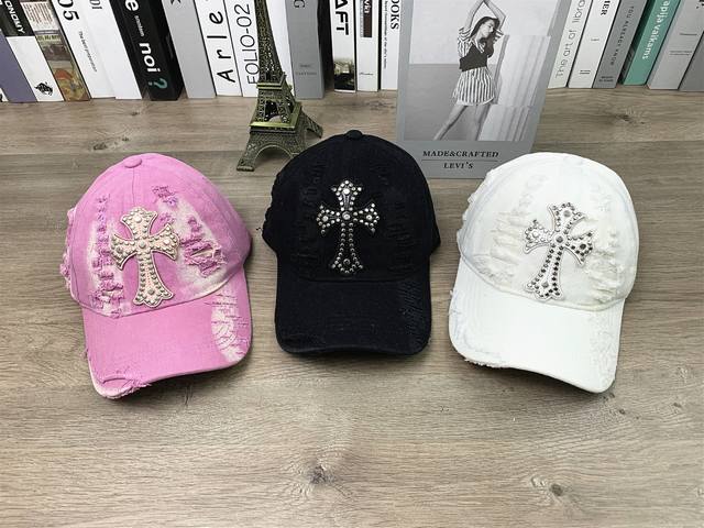 9642# #克罗心软顶破洞做旧棒球帽休闲男女帽子百搭#可调节颜色：黑色 白色 粉色