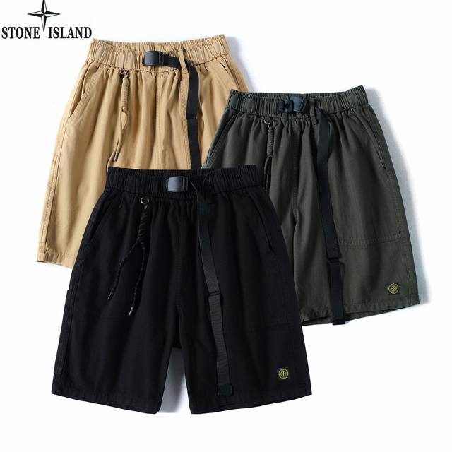 石头岛Stone Island夏季新款，男女同款松紧腰腰带抽绳百搭户外工装日系复古潮流宽松工装短裤，男士工装五分裤！颜色:黑色，军绿色，卡其色尺码:M-5Xl