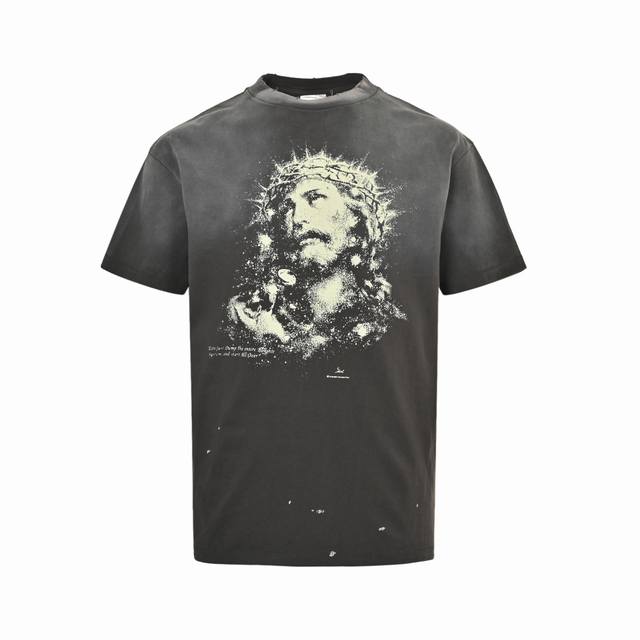 Saint Michael 25Ss 夜光荆棘耶稣印花短袖整体面料选用 克100%纯棉16织双纱汗布面料 圆筒无侧缝面料 螺纹选用300G100%纯棉1*1弹力