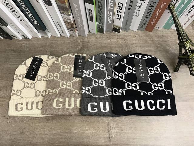 8722# #古驰Gucci毛线帽满印针织帽子男女百搭#均码颜色：黑色 灰色 卡其色 杏色