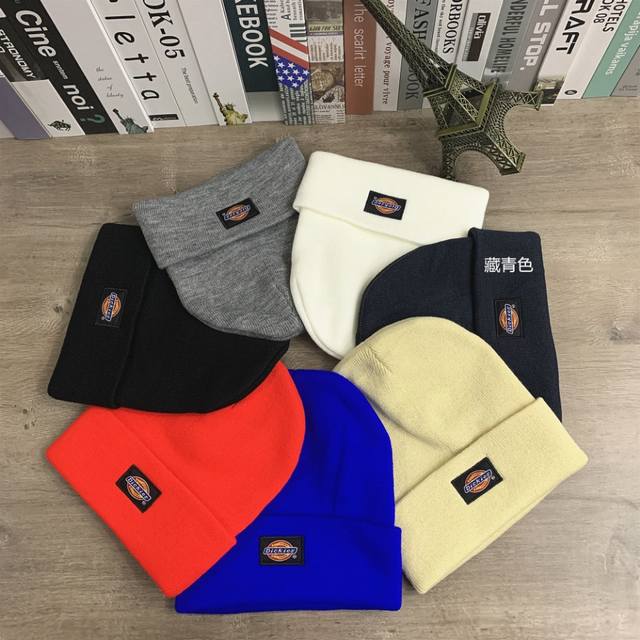 8718# #迪克Dickies贴布绣毛线帽秋冬冷帽男女情侣百搭帽子#均码颜色：蓝色 白色 红色 杏色 藏青色 灰色 黑色