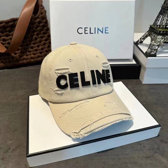 8525# #Celine贴布破洞做旧鸭舌帽休闲百搭棒球帽#可调节颜色：杏色 蓝色 藏青色 白色 黑色 橙色 绿色 灰色 啡色